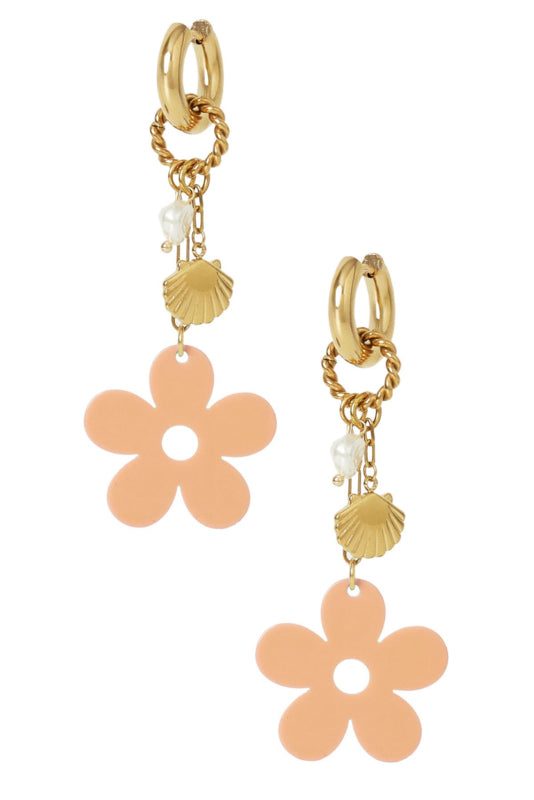 Beige bloemen oorbellen goud