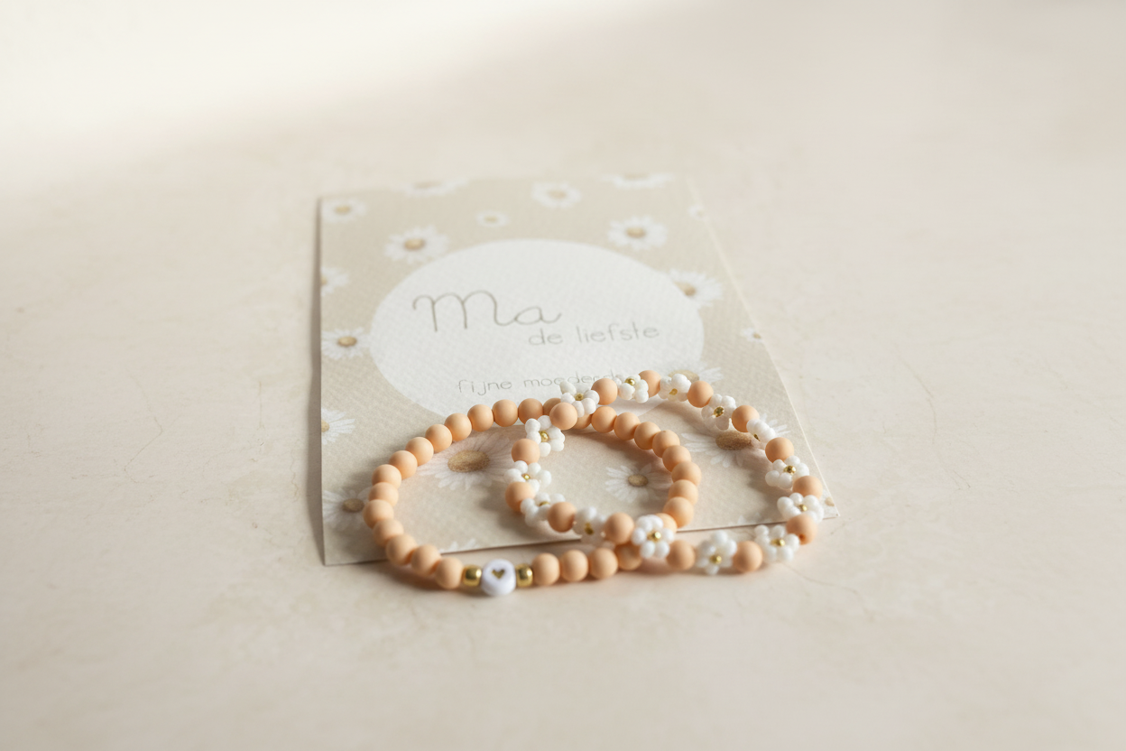 Perzik armbanden moederdagkaartje crème achtergrond